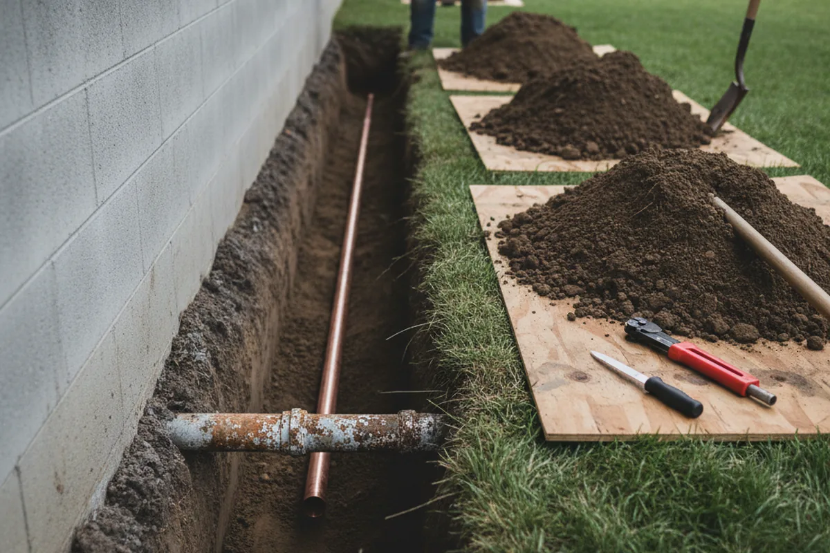 Excavated water line trench during Water Heater Repair in Savannah